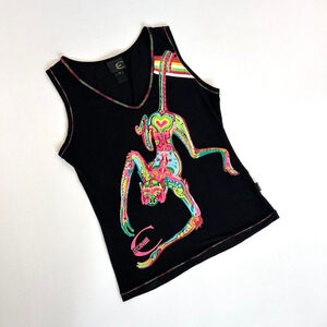 y2k Cavalli black tank top with rainbow monkey graphic